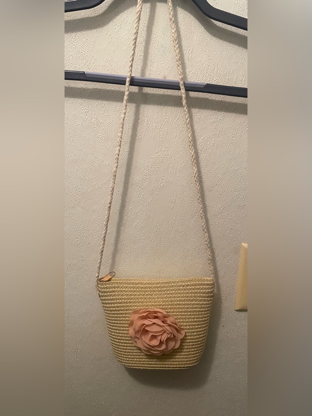 Woven Crossbody Bag with Pink Flower